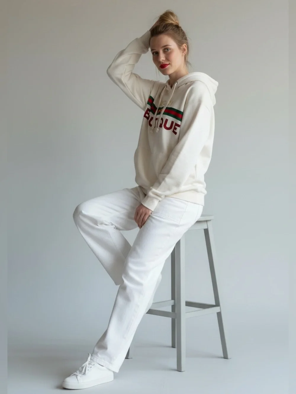 Gucci Cream Sweater with Black Trim and Red Stitching